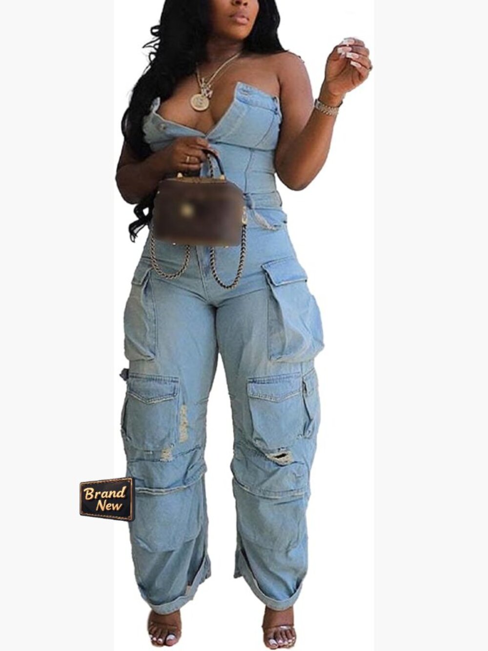 Strapless Denim Jumpsuit Wide Leg Cargo Romper Slim Fit Multi Pockets